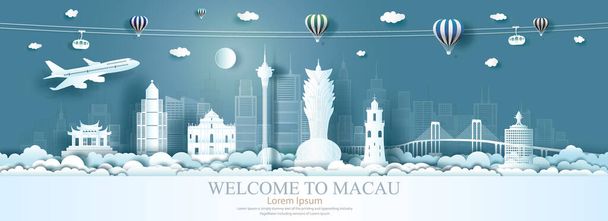 Travel architecture China landmarks in Macau famous city of Asia on blue background with airplane, Tour China with panoramic popular capital, Origami paper art for advertising, Vector illustration. - Photo, Image