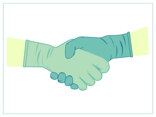 Vektorflache Illustration mit Handschlag-Geste in Latex-Hygienehandschuhen. Stilisierte Zeichnung für Logodesign, Dekoration von Kleidung, 2D-Spielen oder Postkarten. Isolierte Aktienillustration auf weißem Hintergrund - Vektor, Bild