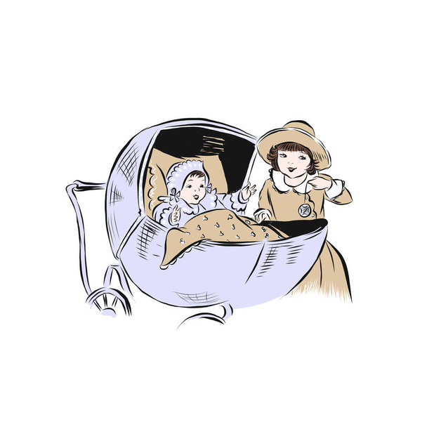 Sœur aînée joue avec le petit frère nouveau-né couché dans un landau divertissant sa boule de Noël
.  - Vecteur, image