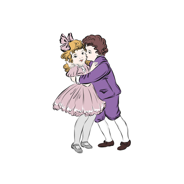 Хлопчик обіймає дівчину в вінтажному стилі з дев'ятнадцятого століття. Молоді коханці. Прояв почуттів
. - Вектор, зображення