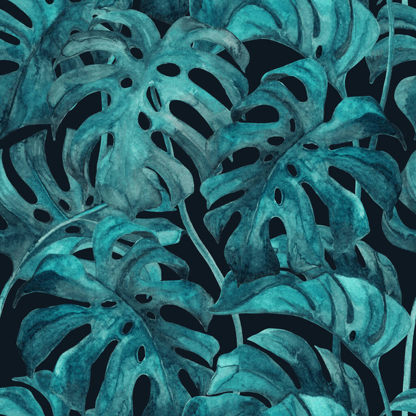 Folhas de monstera verde-turquesa fresca no fundo preto. Padrão sem costura verde tropical. Ilustração pintada à mão do verão. Esboço floral para moda moda, têxtil, design de embrulho. Arte botânica
 - Foto, Imagem