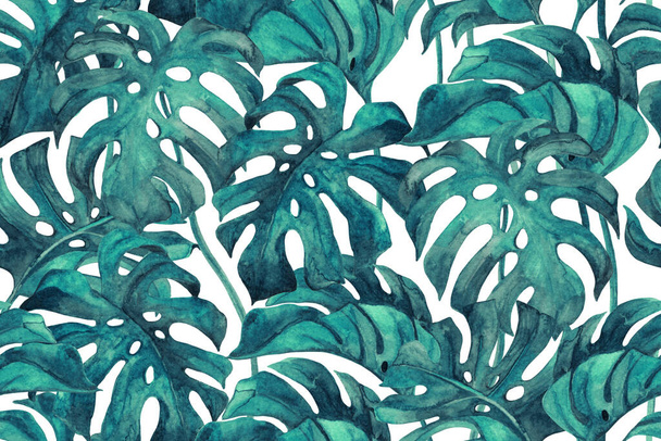 Duo tone colored monstera leaves seamless pattern. Tropical leaf sketch Hand drawn botanical illustration for summer design. Watercolor foliage illustration in trendy gradient color Vibrant background - 写真・画像