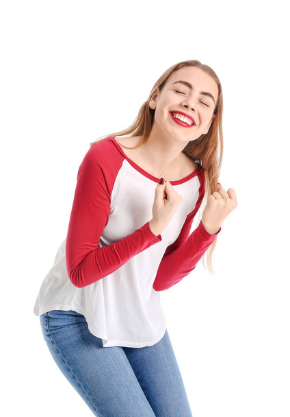 Красива щаслива молода жінка на білому тлі
 - Фото, зображення