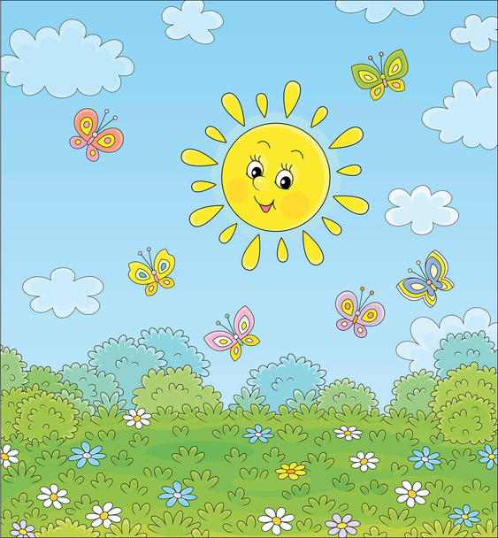 Friendly smiling sun playing with cheerful colorful butterflies flittering over a green field with beautiful flowers on a pretty summer day, vector cartoon illustration - Vektor, Bild