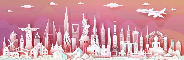 Travel landmarks world with modern important architectural monuments of world,Tourism with panoramic landscape paper art style, Use for travel poster and postcard, Vector illustration paper cut. - Photo, Image