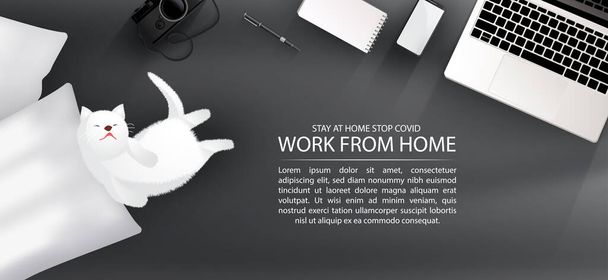 Arbeitsplatz für soziale Distanzierung, Arbeit von zu Hause aus mit schöner Haustier-Konzept-Infografik, Illustration, zu Hause bleiben, um Covid-19 zu stoppen - Vektor, Bild