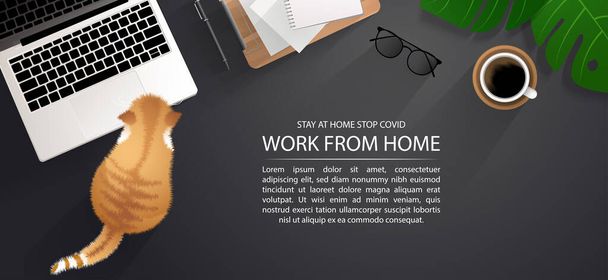 Arbeitsplatz für soziale Distanzierung, Arbeit von zu Hause aus mit schöner Haustier-Konzept-Infografik, Illustration, zu Hause bleiben, um Covid-19 zu stoppen - Vektor, Bild