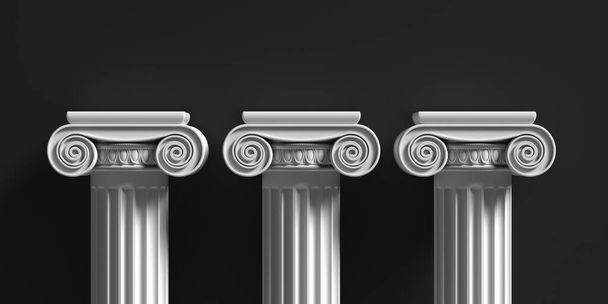Oszlopok talapzat, ókori görög fehér színű kő márvány, három ionos stílusú oszlop rész ellen fekete háttér, bemutató hirdetés sablon. 3d illusztráció - Fotó, kép