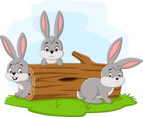 Vector illustration of Three rabbit cartoon playing in the log - Vektor, Bild