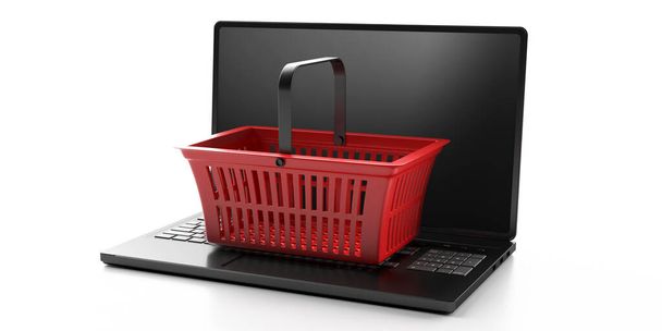 Online vásárlás, e-kereskedelmi koncepció. Piros üres kosár egy laptop számítógép elszigetelt fehér háttér. 3d illusztráció - Fotó, kép