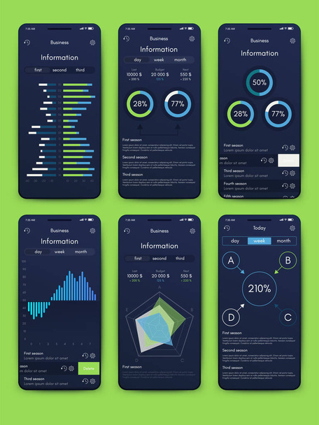 Modern infographic vector elements for business brochures. Use in website, corporate brochure, advertising and marketing. Pie charts, line graphs, bar graphs and timelines. - Vektor, obrázek