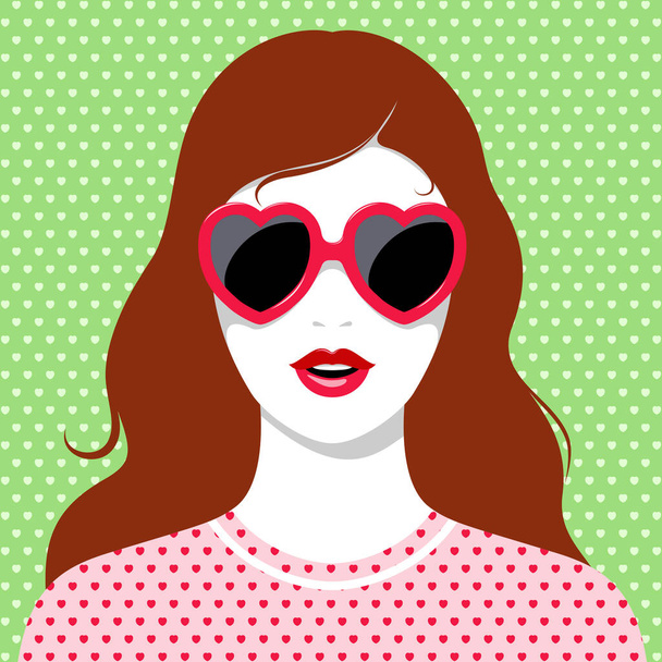 Vektorporträt einer schönen jungen Frau mit herzförmiger roter Sonnenbrille, die ein rosafarbenes Kleid mit Herzmuster vor grünem Hintergrund mit Herzmuster trägt - Vektor, Bild