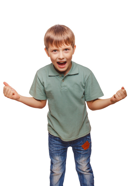 Підліток щасливий збуджений хлопчик-підліток показує свою руку, так що його кулаки
 - Фото, зображення