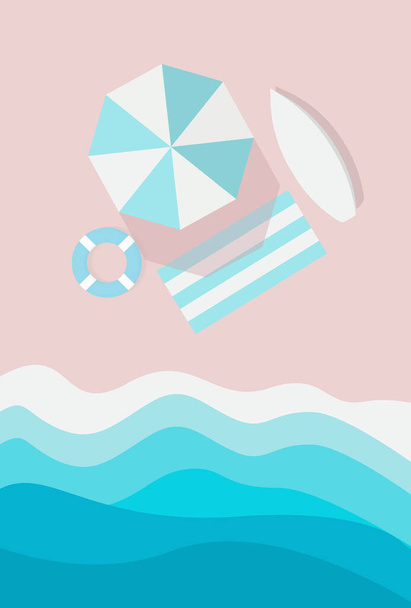 Uitzicht op het strand verticale banner. Strandparasol, ligstoel, branding en roze zandreddingsboei naast de azuurblauwe golven. Cartoon vector illustratie - Vector, afbeelding