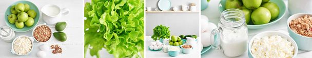 Clean food of healthy culinary ingredients. Food frame. Superfood concept. Fitness breakfast. Healthy eating and nutrition, dieting, vegetarian cuisine, cooking concept. Banner, collage - Photo, Image