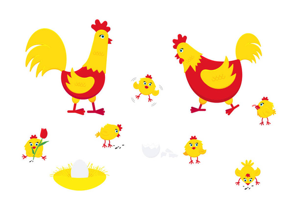 Gele en rode kip met gebroken ei, nest, set kuikens en een haan - Vector, afbeelding