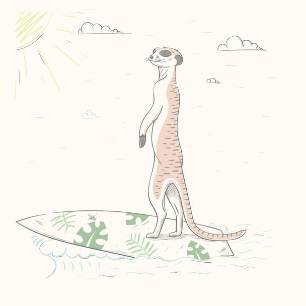 Lovely cute meerkat surfing on the surf. Little meerkat engaged in summer water extreme sports. Cartoon style animal. Easy and cool vector illustration - Vector, Image