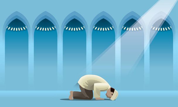 Um muçulmano devoto rezando em uma mesquita sagrada
. - Vetor, Imagem