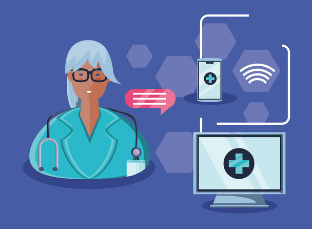 плакат с онлайновым здравоохранением и технологиями
 - Вектор,изображение