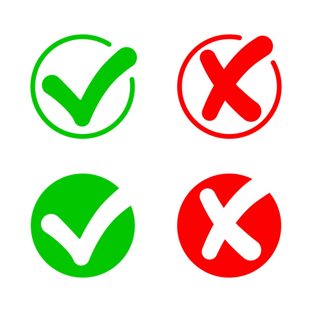 Checkmark and cross. Icon of true. Check answer. Wrong, correct, incorrect and right symbols. x or ok. Green yes, red dont. Positive and bad sign. Button for quiz. Circle with agree and error. Vector. - Vector, Image