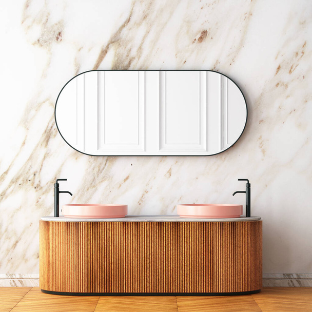 Enorme spiegels in de badkamer in een vintage stijl. Trendkleur. 3d. - Foto, afbeelding