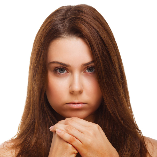 Brunette face woman girl covered her half hand isolated - Photo, Image