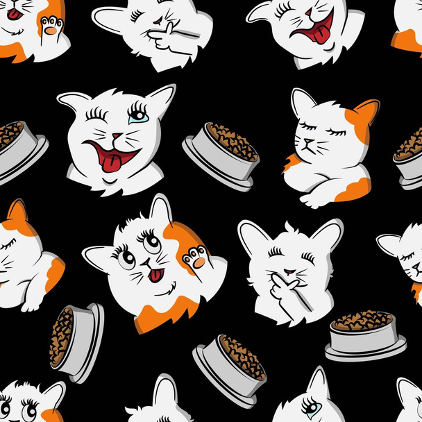 funny cat cartoon pet seamless pattern, kitty, kitten, doodle with black background - Vector, Image