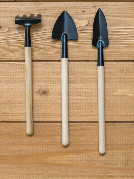 Garden tool set of three items with wooden handles on a wooden background. - Photo, Image