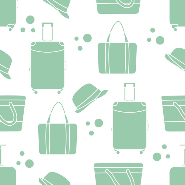Vector travel seamless pattern Illustration with suitcase, sun hat, beach bag. Summer time, vacation, holiday, leisure background. Concept for travel agency. Design wrapping, fabric, print - Вектор,изображение