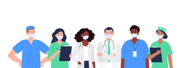 Banner with a multicultural group of medics. The medical team in white face masks. Doctor, nurse, therapist, surgeon, professional hospital workers. Flat design characters. - Vektor, Bild