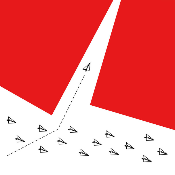 red airplane changing direction and white ones. New idea, change, trend, courage, creative solution, innovation and unique way concept.Vector illustration flat design - Vecteur, image