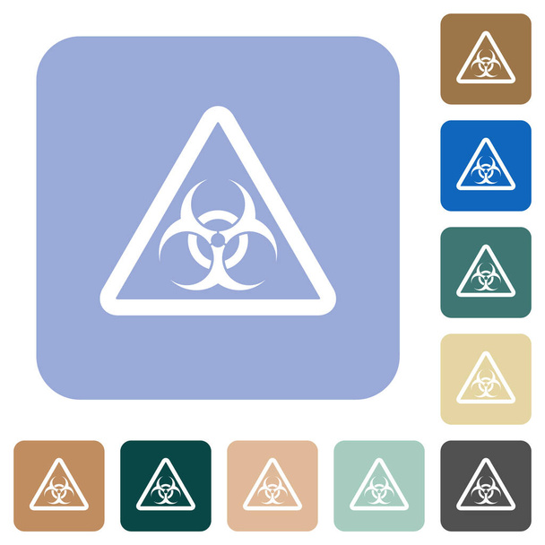 Aviso de risco biológico ícones planos brancos em fundos quadrados arredondados de cor
 - Vetor, Imagem