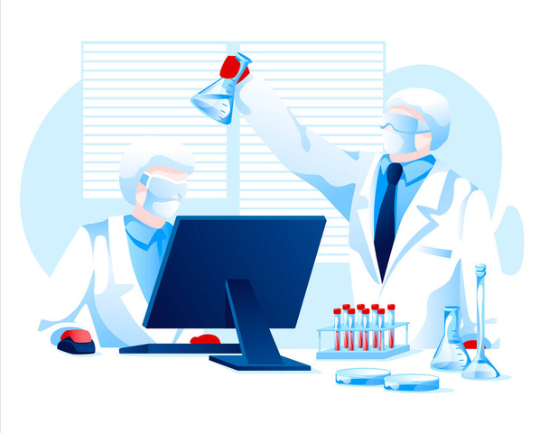 Two scientist in protection suits making research vaccine for pandemic isolation white background - Vector, Image