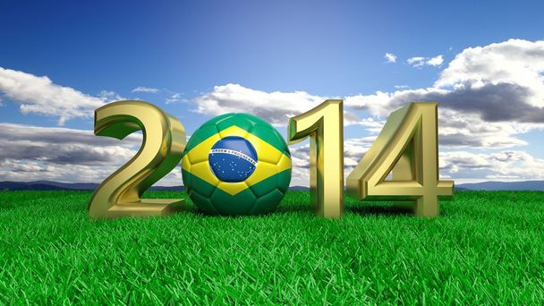 złoto 2014 w Brazylii piłka na trawie i niebieski niebo - Zdjęcie, obraz