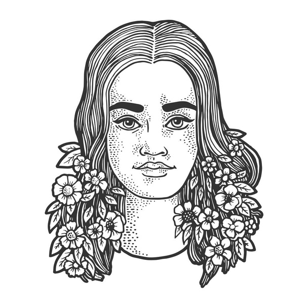 Young woman with a blooming hair sketch engraving vector illustration. T-shirt apparel print design. Scratch board imitation. Black and white hand drawn image. - Вектор,изображение