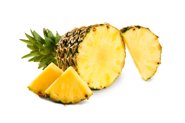 pineapple juicy yellow fruit with slices and leaf isolated on white backgroun - Photo, image