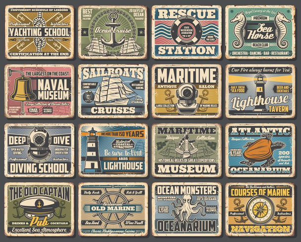 Морское мореплавание и винтажные ретро-векторные плакаты. Морская школа дайвинга и яхтинга, музей маяка и Атлантический океанариум, морская навигация и спасательная станция на пляже
 - Вектор,изображение