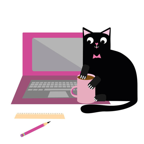 Söpö sarjakuva lemmikki kissa ja kannettava tietokone vektori kuva. Röyhkeä musta kissan hahmo leikkii kahvikupilla ja häiritsee liiketoiminnan toimistotyötä. Käsin piirretty hauska muotoilu työskentelyyn kotoa konsepti
. - Vektori, kuva