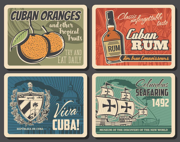 Cuba reizen, vector retro vintage posters, Havana oriëntatiepunten en stad sightseeing tours. Viva Cuba, Columbus zeevaartmuseum, Cubaanse rum en sinaasappels, hoofdstad architectuur, vlag en kaart - Vector, afbeelding