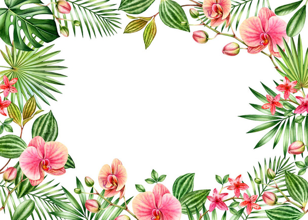 Watercolor floral background. Horizontal frame with place for text. Orange orchid flowers and palm leaves. Hand painted tropical banner. Botanical illustrations isolated on white - Photo, Image
