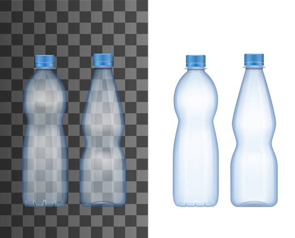 Su şişesi, vektör gerçekçi, şeffaf, mavi kapaklı, boş plastik şişe maketi. Maden kömürlü su, soda veya meyve suyu içecek paketi şablonu - Vektör, Görsel