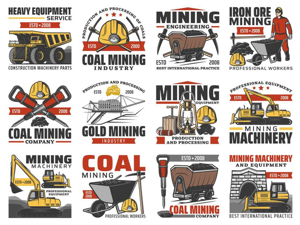 鉱業、炭鉱機械や鉱山機械、ベクトルアイコン。石炭鉱業金属鉄鉱石抽出工場、掘削機掘りとブルドーザーマシン、鉱山ジャックハンマーとホイールバロー - ベクター画像
