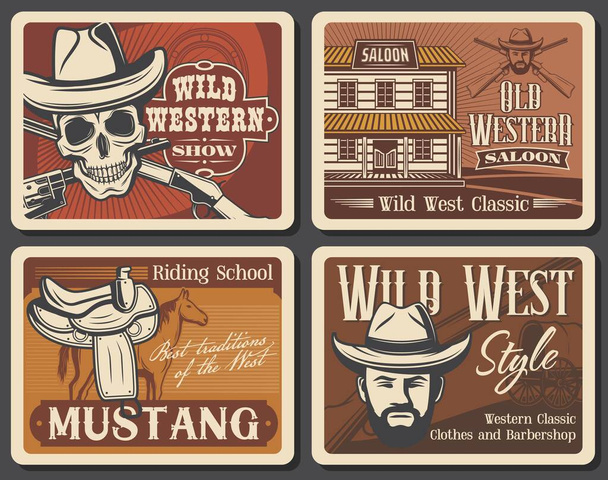 Plakaty z rocznika dzikiego zachodu, American Western Horse Show i Texas Saloon. Dziki Zachód salon fryzjerski znaki, szkoła jazdy konnej i czaszki w kapeluszu bandytów z pistoletami rewolwerowymi - Wektor, obraz