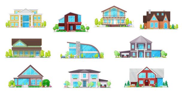 Real estate private buildings vector icons. Isolated villas, cottages and bungalow. Cartoon modern, classic design residential homes, village real estate townhouses residence apartments, property set - Vector, Image
