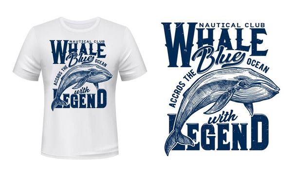 Zeeclub t-shirt print, oceaan walvis vis, vector grunge marine blauw template mockup. Marine citaat blauwe oceaan legende, zeevaart en jacht zeilclub teken met springende walvis embleem - Vector, afbeelding