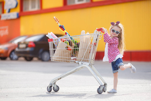 Adorable baby kid with trolley choosing fresh vegetables in local store. Girl with a big grocery cart in a parking lot near a store. A little girl with a big trolley buys fresh food and vegetables in a big supermarket.Little housewife with groceries - Fotoğraf, Görsel