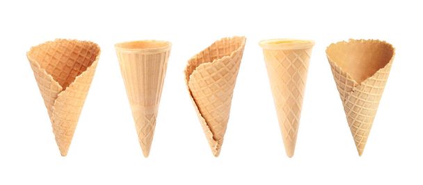 Set of empty wafer ice cream cones on white background. Banner design - Foto, immagini