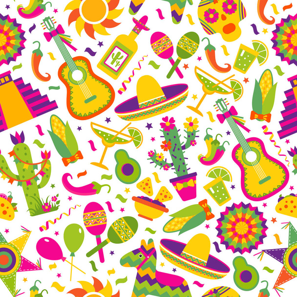 Seamless vector pattern with mexican elements - guitar, sombrero, tequila, taco, skull on white. Perfect artistic background for your design. - Vector, Image
