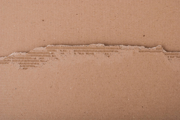 Старый текстурированный картонный лист с разорванными краями. Сорванный коричневый картон. Картонная текстура. Лист рваного картона лежит на цельном листе картона
. - Фото, изображение