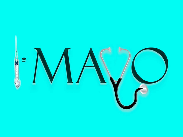 May day lettering with a syringe and a stethoscope on blue background, in Spanish.  May day conceptual labour day, in Spanish. Commemoration of labour day in tribute to health personnel. May day celebration. May first.  - Photo, Image